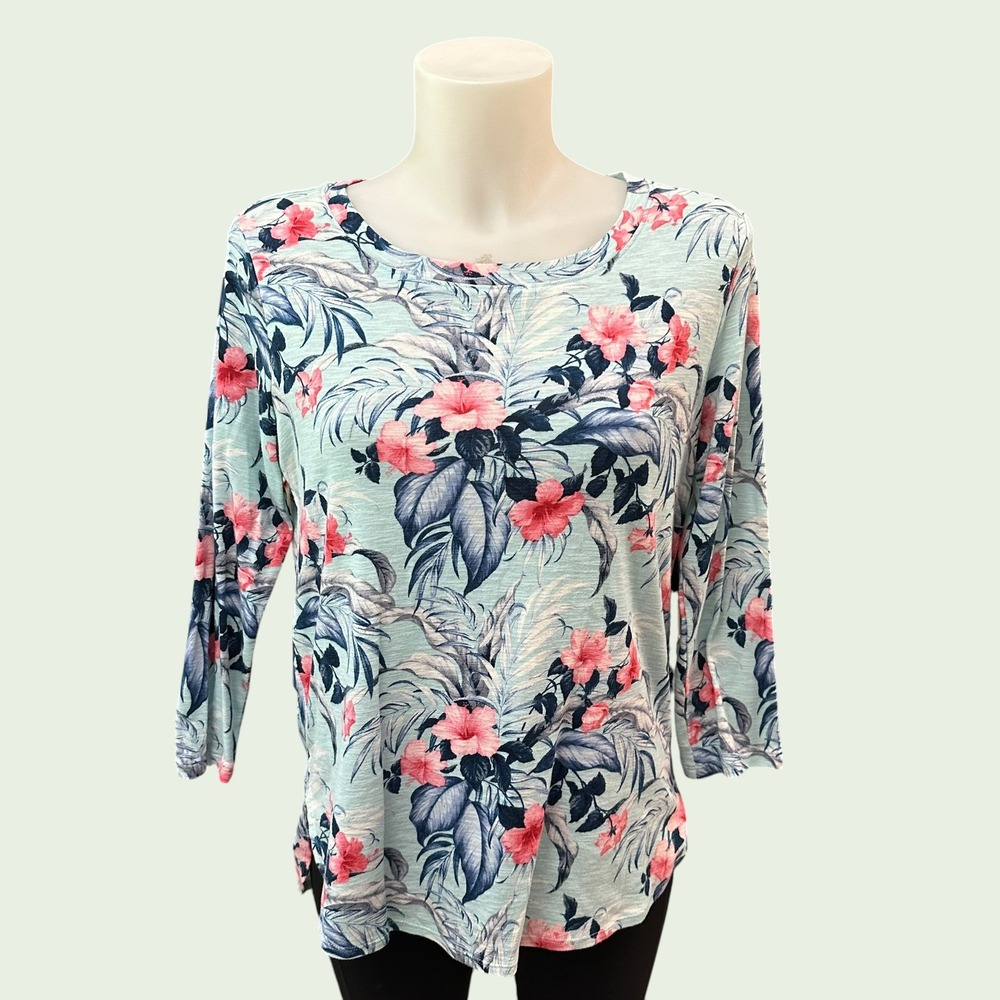 Tommy Bahama 100% Cotton Aqua Tropical Hibiscus Print Knit Top 3/4 Sleeve sz S